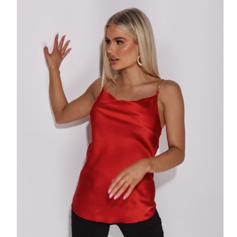 Red Satin Silk Sleeveless Chain Strap Cowl Neck Top Blouse - Picture 10 of 11